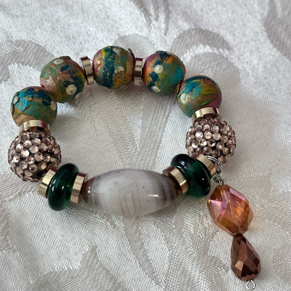 Artisan Colorful Beaded Bracelet with Hand Painted Beads, glass & natural 5-6 - Picture 3 of 7